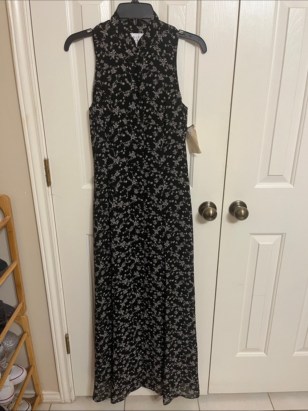 Vintage 90s Sleeveless Black Floral Maxi Dress with High Neck